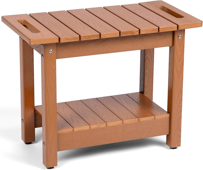 Waterproof Shower Bench, 24" Poly Lumber Shower Stool for Shaving Legs, Shower Chair Seat with Storage Shelf and Handles, Bathroom Bench for Inside Shower, Non-Slip (Brown)