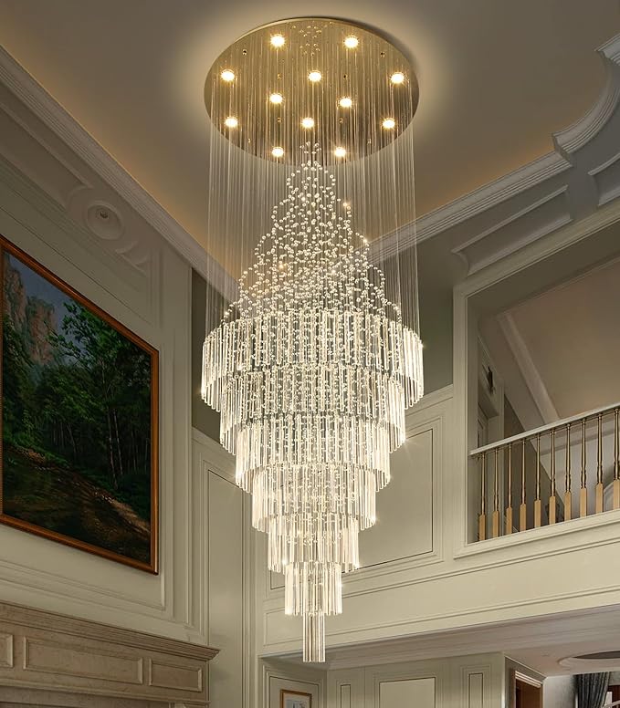 W32 x H120 Glam Chandelier with LED Bulbs Crystal Raindrop High Ceiling Pendant Light for Entrance Large Villa Chandelier Foyer Lighting Fixtures Gold