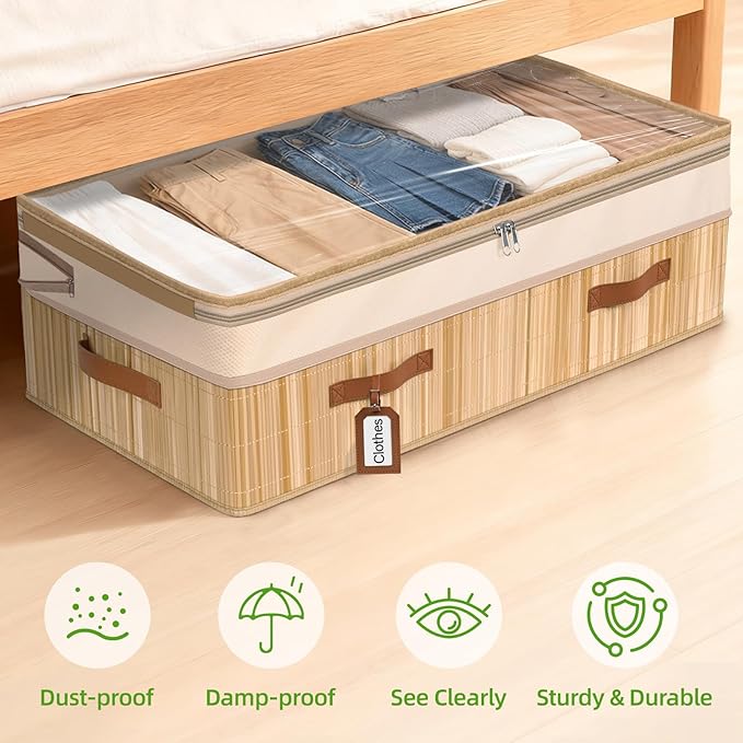 Livole 3 Pack Bamboo Under Bed Storage, 6-10 inches Height Adjustable Underbed Storage Containers, 92L XXXL Large Under Bed Storage Bins with Clear Lid & Label for Clothes, Blankets, Sweater, Shoes
