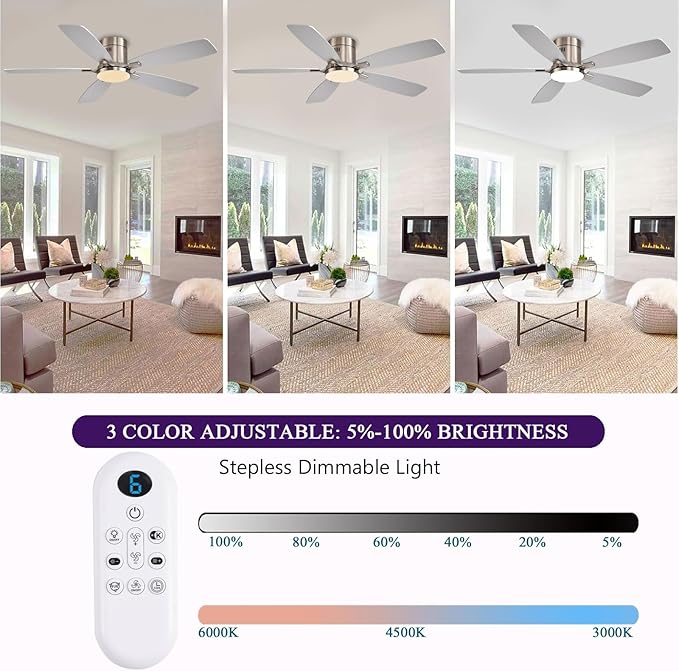 52 inch Ceiling Fans with Lights, Flush Mount Ceiling Fan with Light and Remote/APP Control, DC Motor, Dimmable LED, Noiseless, Low Profile Ceiling Fan for Bedroom Indoor/Outdoor Use (Nickel