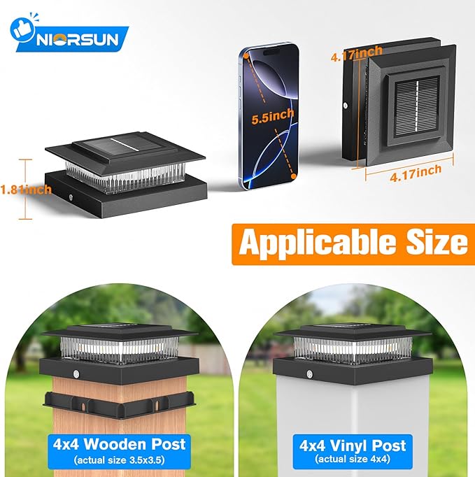 NIORSUN Solar Post Cap Lights Outdoor Waterproof, 4x4 Post Solar Lights RGB Color Changing, Fence Posts Solars Light for Deck Patio Garden Decoration, 4x4 Posts Caps Wood Vinyl, 6 Pack (Black)