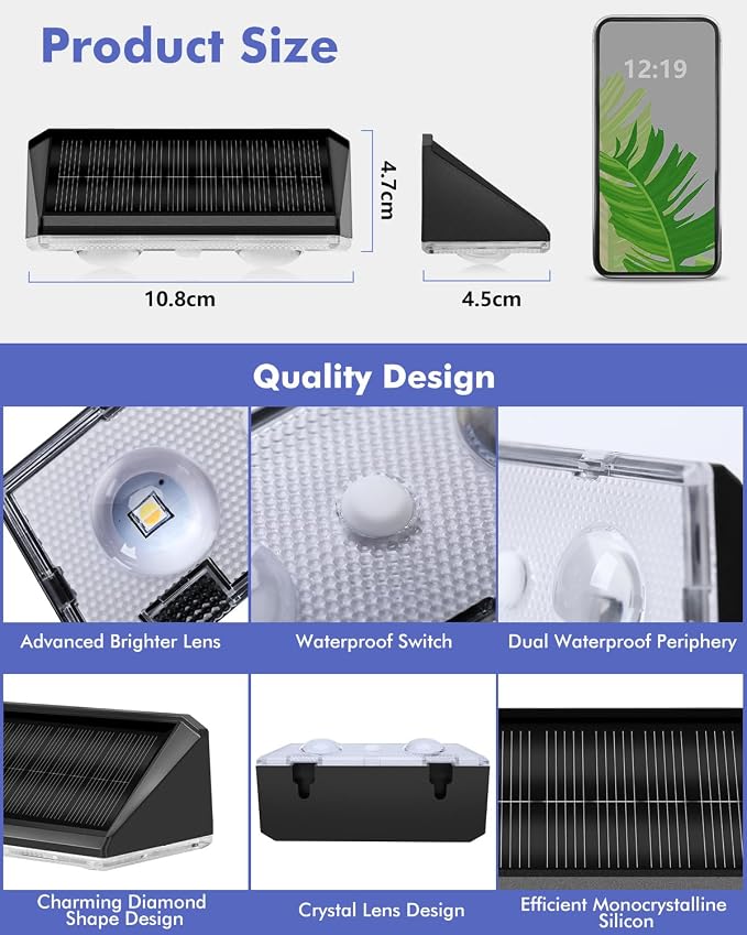 Solar Fence Lights Outdoor 8 Pack, IP65 Waterproof Fence Lights Solar Powered, 3 Modes(Warm/Neutral/Cool White) Solar Deck Light for Decor with Auto ON/OFF, LED Lens for Deck/Wall/Step/Patio/Backyard