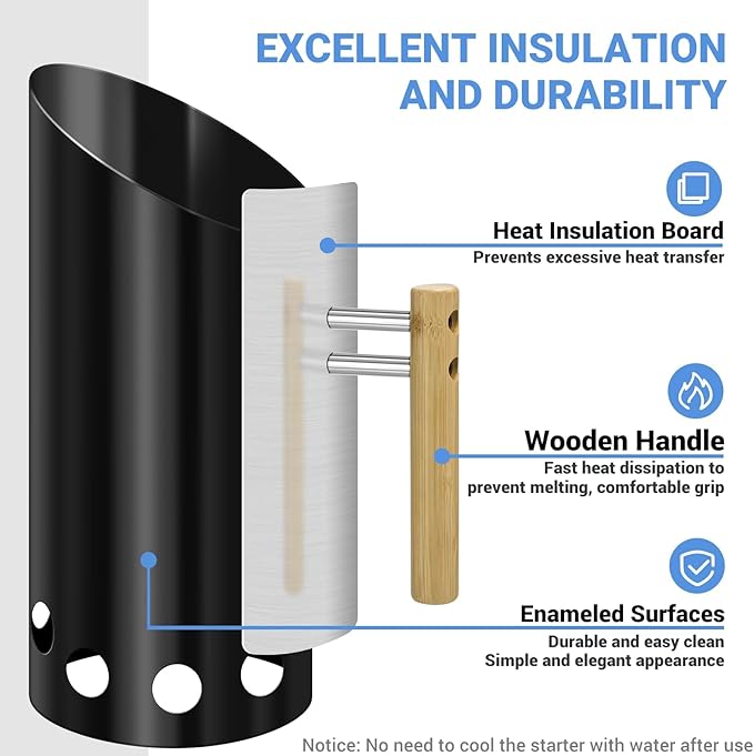 Charcoal Chimney Starter Double Enameled Chimney Starter Charcoal Chimney with Heat Shield & Wood Handle Great Heat Insulation Coal Starter for Grill Easy Grip Charcoal Starter, Black