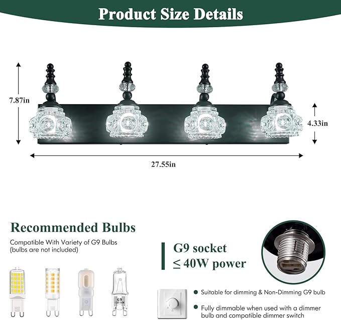 Modern Crystal Bathroom Vanity Light Black Vintage Bathroom Light Fixtures 4-Lights Glass Crystal Vanity Lights