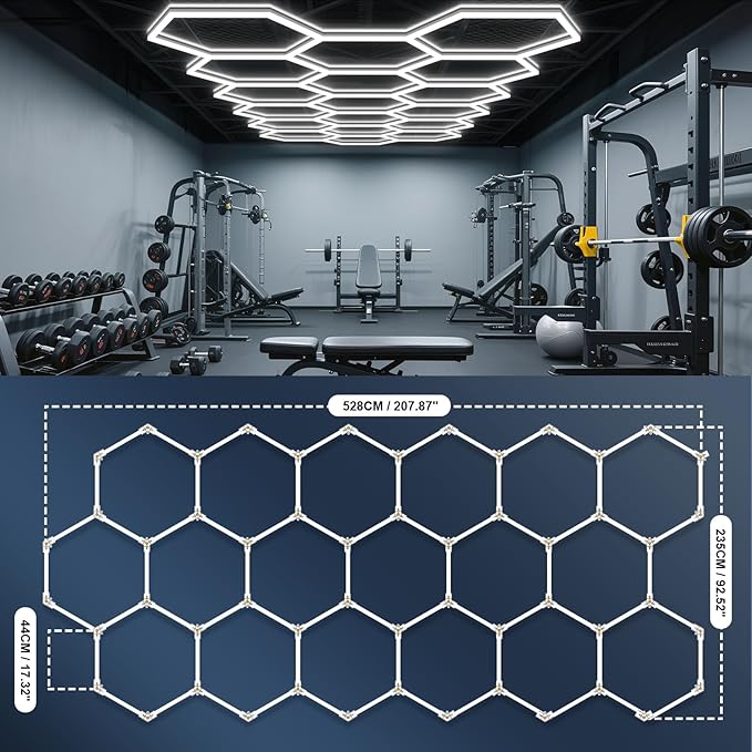 BRILLIHOOD Hexagon Garage Lights, LED Car Detailing Lighting, 568W, 68160LM, 6500K Super Bright, 18 Grid Systems Honeycomb Lights for Garage Warehouse Basement Gym