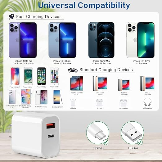 Fast Charger for iPhone,Dual Port A/C Apple iPhone Charger Fast Charging Block,2Pack Quick Double A/C iPhones Wall Chargers Adapter,6FT USB C to Lightning Cable for iPhone14 ProMax/13/12/11/XS/XR/iPad