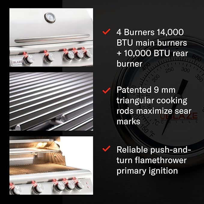 Blaze Outdoor Grill | 32-Inch Stainless Steel Propane BBQ Grill | 4 Burner Barbecue | Premium Outdoor Kitchen Grilling | Rear Infrared Burner & Grill Lights | BLZ-4LTE2-LP