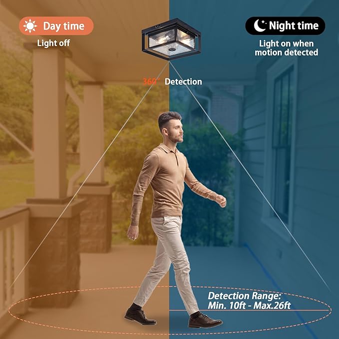 CALOKES Motion Sensor Outdoor Ceiling Light - Industrial Style, Flush Mount, Dual Box Frame with Water Ripple Glass Design - Perfect for Porch, Garage, and Entryway, Time and Sensitivity Adjustable