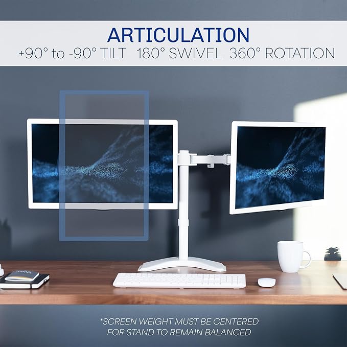 VIVO Dual LED LCD Monitor Mount, Free-Standing Desk Stand for 2 Screens up to 27 Inch, Fully Adjustable Arms with Max VESA 100x100mm, Extra Large Base, White, STAND-V002FW