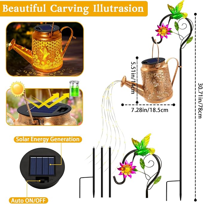 Hummingbird Solar Lights Outdoor Waterproof, Birthday Gifts for Christmas Mom Grandma Women, Solar Watering Can Lights with Shepherd Hook, Metal Hanging Lantern Garden Decor Yard Outside Patio Lawn