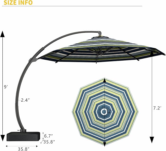 Kingdura 12ft Offset Cantilever Patio Umbrella with Base Included, Large Round Aluminum Outdoor Umbrella, 360° Rotation & Infinite Tilt, Heavy Duty Frame for Deck Pool Backyard, Green Stripe