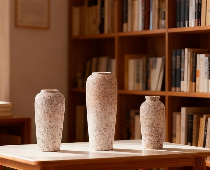 Stone Vase Set 3 Modern Decor Ceramic Vases Rustic Farmhouse Home Tea Table Office Room Desk Large Vases Ornament Pottery