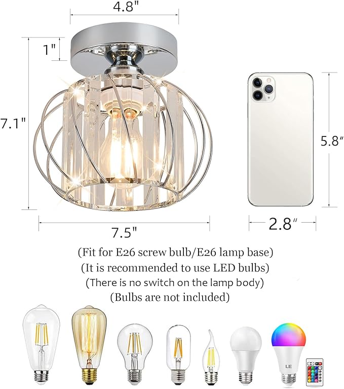 Semi Flush Mount Crystal Ceiling Light, Metal Cage Hallway Ceiling Lamps, Farmhouse Ceiling Light Fixture, Industrial Crystal Chandelier for Corridor Bathroom Kitchen (2, Chrome, 7.5 Inch)