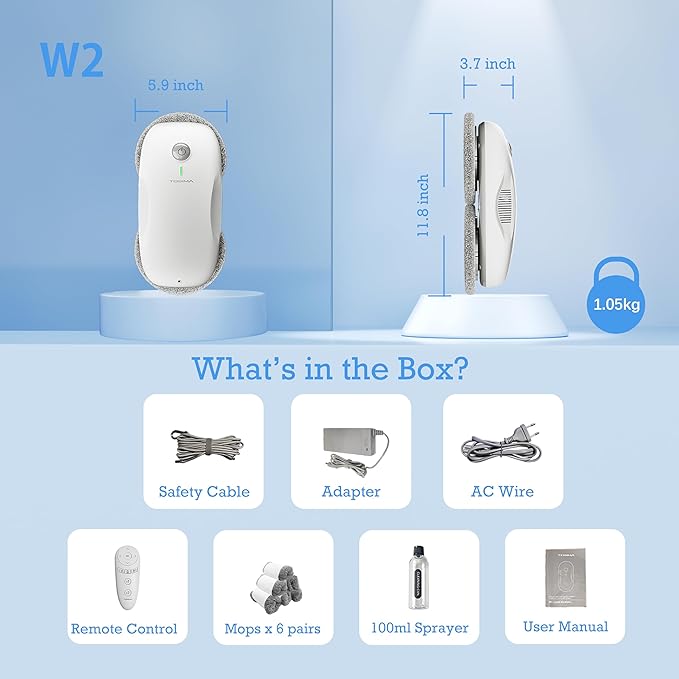Tosima W2 Window Cleaner Robot, Automatic Cleaning with Intelligent Path Planning, 3800Pa Suction Power, Edge Detection Technology, Remote Control, White