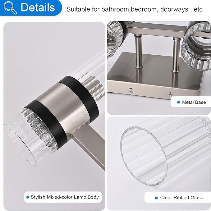 MELUCEE 5-Light Vanity Bathroom Lights, Modern Brushed Nickel Bathroom Light Fixtures Over Mirror with Ribbed Clear Glass Shade, Wall Mount Lamp for Bath Kitchen Bedroom Hallway, E12 Base