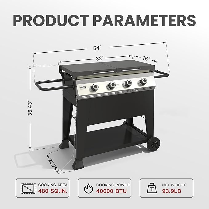 4-Burner Propane Gas Griddle, 40,000 BTU Outdoor Flat Top Propane Grill with 480 Sq In Cooking Area, Rolling Wheels & Folding Side Shelves for Camping, Tailgating & Backyard BBQ, Black