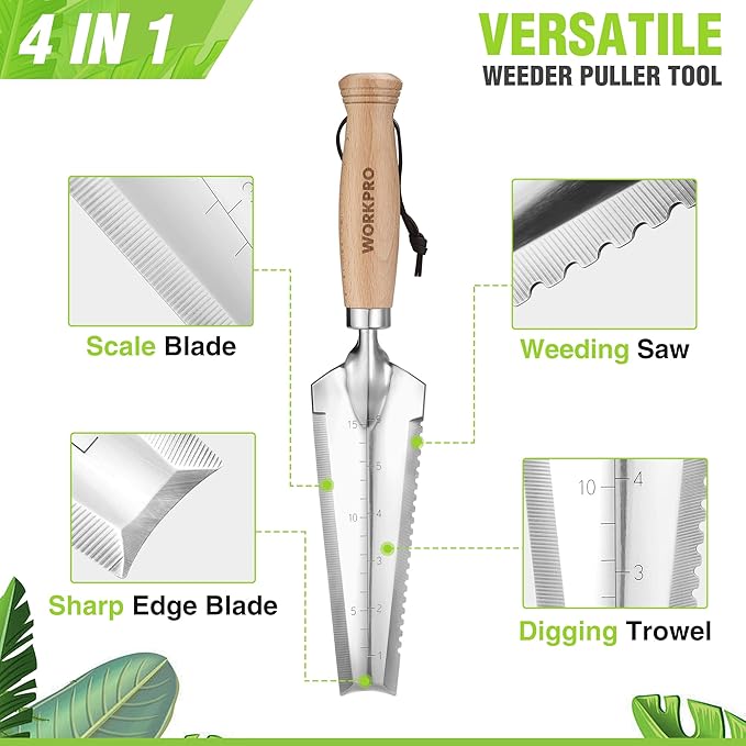 WORKPRO Garden Trowel with Wood Handle, Stainless Steel Narrow Hand Shovel, Multi- Use Flat Garden Trowel for Planting, Weeding, Transplanting, Digging, Small Weeding Knife for Gardening