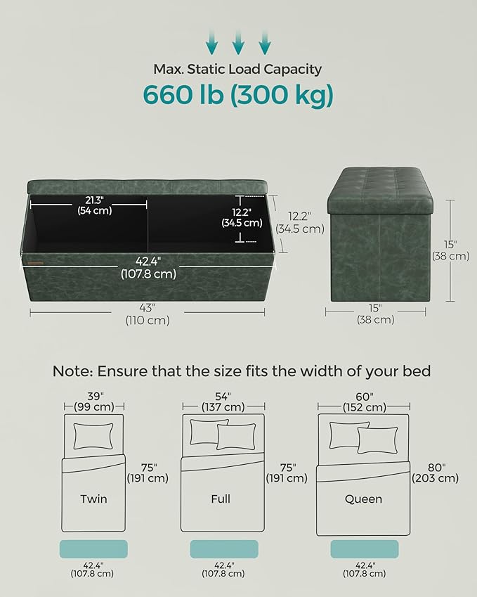 SONGMICS Mazie Collection - 43 Inches Folding Storage Ottoman Bench, Ottoman with Storage, Foot Rest Stool, Load 660 lb, for Living Room, Synthetic Leather, Forest Green ULSF070C01