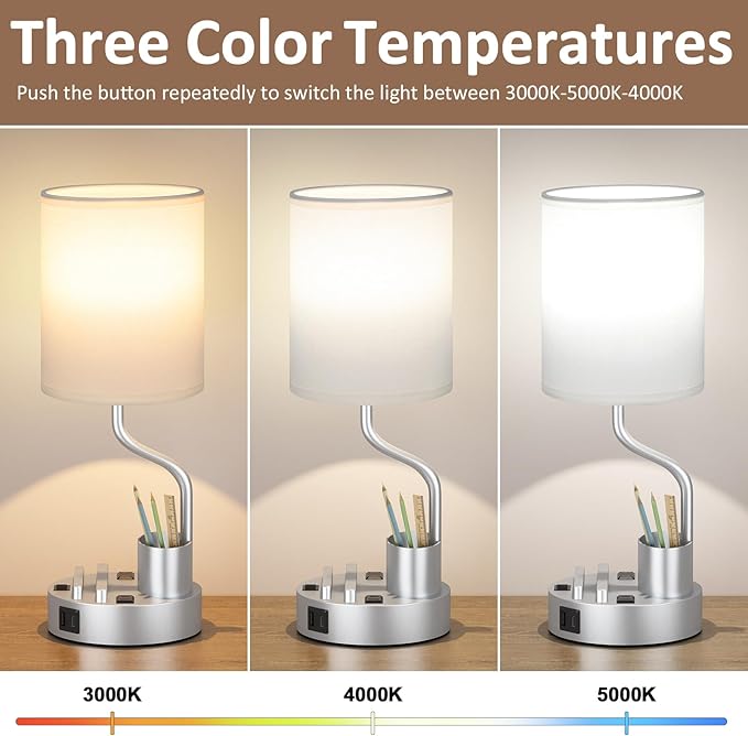 Grey Bedside Table Lamps for Bedroom Set of 2 - Nightstand Light with AC Outlet and USB A & C for Charging, 3 Color Temperatures Desk Lamp with Pen Holder & Phone Stand for Living Room/Dorm/Office