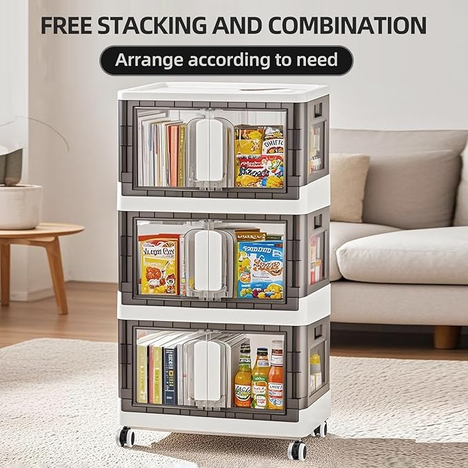 Folding Storage Organizer with Silent casters | Stackable Design for Home & Office, Heavy-Duty Plastic Storage Bin with Clear Door, 3 Sizes (19.5/23.5/27.5in),Black/White (23.6" 4 layer, White)