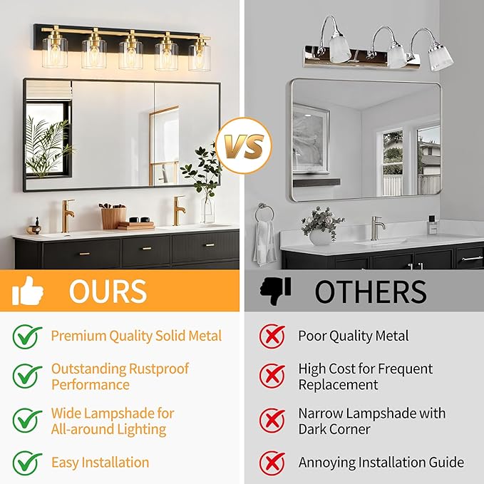 5 Light Modern Bathroom Light Fixtures Over Mirror, Black Gold Vanity Lights for Bathroom Wall Sconces with Clear Glass Shades, E26 Socket (Bulbs Not Included)