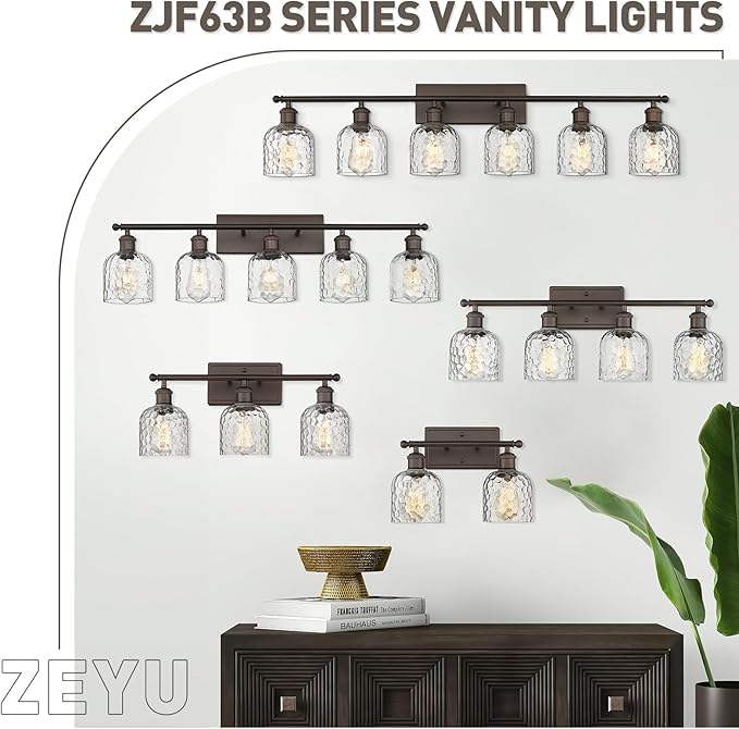 zeyu 3-Light Farmhouse Vanity Light Over Mirror, 21-inch Bathroom Light Fixtures with Hammered Glass Lampshade, Oil Rubbed Bronze Finish, ZJF63B-3W ORB