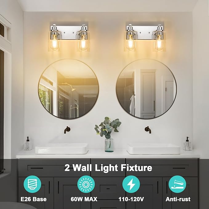 2-Light Bathroom Light Fixtures Modern Chrome Vanity Lights for Bathroom Lighting Fixtures Over Mirror with Clear Glass Shade for Cabinet Mirror Bedroom Hallway