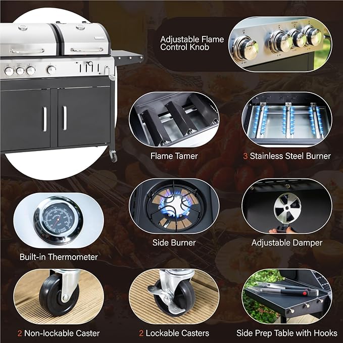 Sophia & William Charcoal and Propane Gas Grill Combo with Side Burner & Porcelain-Enameled Cast Iron Grate, Dual Fuel BBQ Grill for Outdoor, Barbecue Grill, 690 SQIN Cooking Area