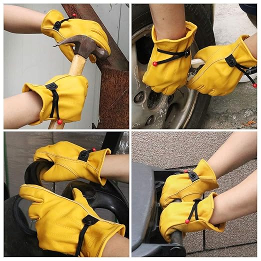 HLDD HANDLANDY 12 Pairs Cowhide Leather Work Gloves with Reinforced Palm for Men & Women (Yellow-12pairs, Medium (Pack of 12))
