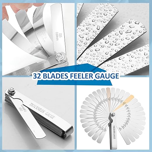 CHERALKEST Feeler Gauge Set Stainless Steel Thickness Gauge 32 Blades 0.04-0.88 mm (0.0015-0.035 Inch) Dual Marked Metric and Imperial Measuring Tools for Measuring Gap Widths and Thicknesses