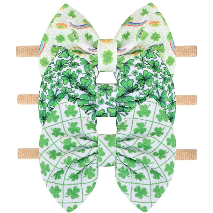 Hairband, 3 Pcs St. Patrick's Themed Cheer Bow Headbands for Baby Girls, One Size Fits All, Newborn and Infant, Green, Comfortable Nylon Fabric