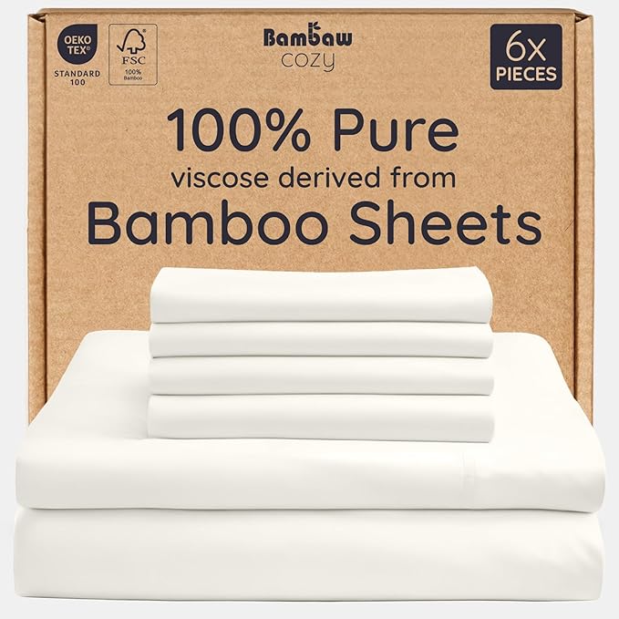 Bambaw Queen Sheet Set 6pcs – 100% Viscose Derived from Bamboo Sheets Queen Size Deep Pocket, Fits Up to 16'' with Elastic Corner Straps, Breathable & Cooling Sheets, Bedding for Night Sweats (Ivory)