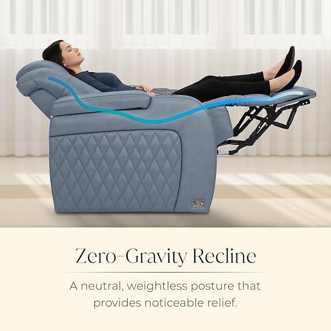 Seatcraft Diamante Zero-Gravity CoolZero Italian Leather Home Theater Seating, Power Headrest, Power Recline, Single Recliner, Smokey Blue