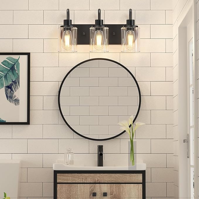 Baocuz 3-Light Bathroom Light Fixtures, Black Vanity Light Farmhouse Wall Sconces with Clear Glass Shade, Modern Bathroom Wall Lamp for Mirror Bedroom Hallway Living Room Cabinet