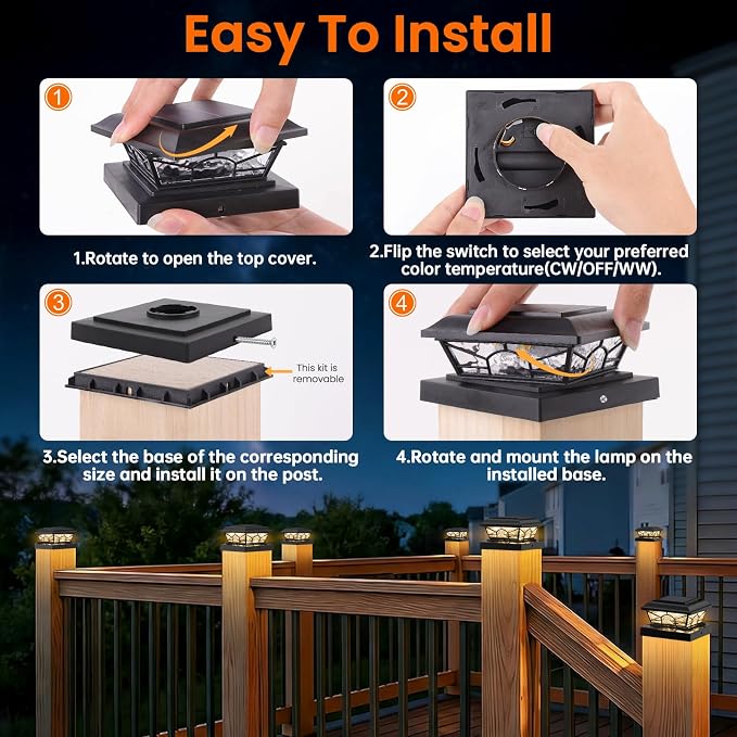 Brightever 4x4 3.5x3.5 Solar Post Cap Lights, 4-Pack Solar Powered Fence Post Light Outdoor Waterproof for Vinyl/Wooden Post, 2 Modes(Warm/Cool Light), Black Solar Deck Post Lights for Patio, Porch
