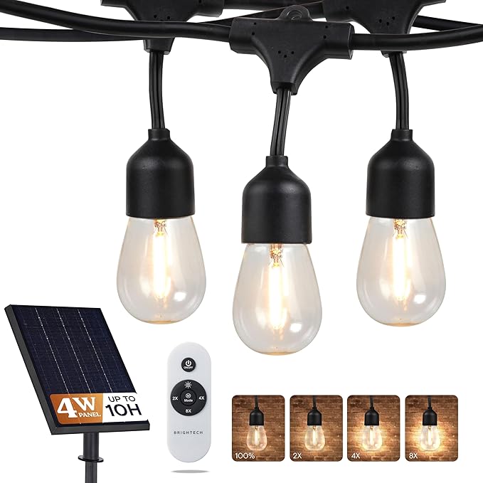 Brightech Ambience Pro Super Bright Solar - 48 Ft Remote Control Outdoor String Lights with Shatterproof Commercial Grade LED S14 Edison Bulbs, Waterproof Patio Light for Deck, 4W Soft White, 15 Bulbs