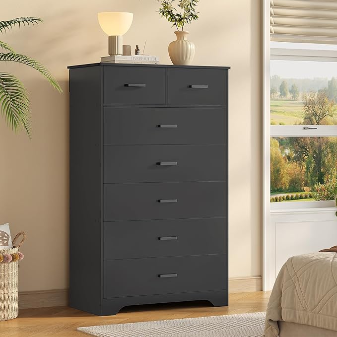 DICTAC Black Dresser for Bedroom with 7 Drawers, 55.7" Tall Dressers Chest of Drawers, Modern Large Wood Storage Dresser Organizer with Metal Handle, Vertical Dressers for Bedroom Living Room Nursery
