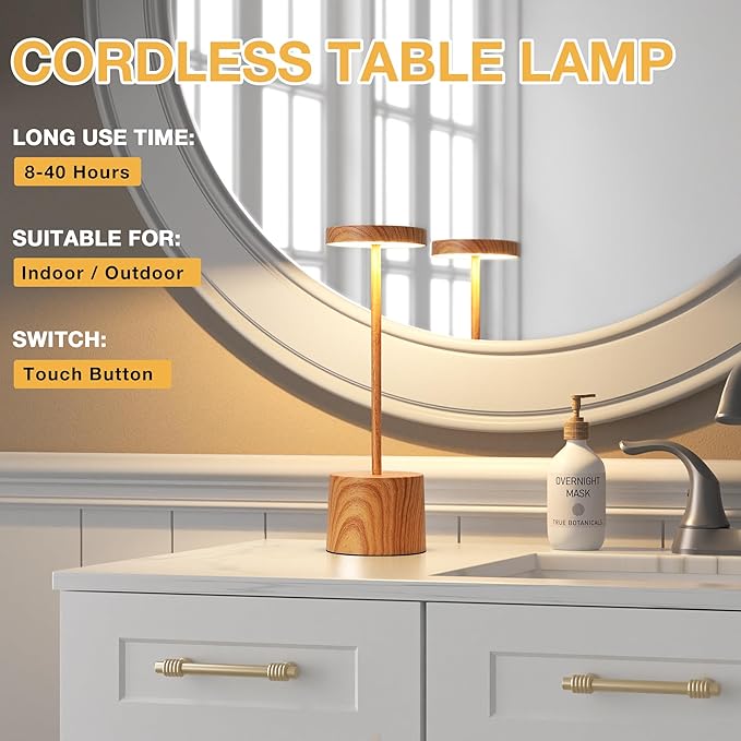 Kakanuo Wooden Rechargeable Cordless Lamp - Touch Control, 3 Color Temperature, LED Outdoor Wireless Lamp, Battery Operated Lamps, Stepless Dimmable, Set of 2