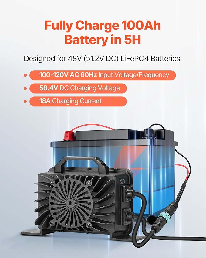 VEVOR 48V 18A Lithium Battery Charger, 58.4V, AC-DC LiFePO4 Smart Charger, with Waterproof Connector, LED Indicator, 0V Activation, for LiFePO4 Deep Cycle Rechargeable Batteries of Boat, RV, IP68