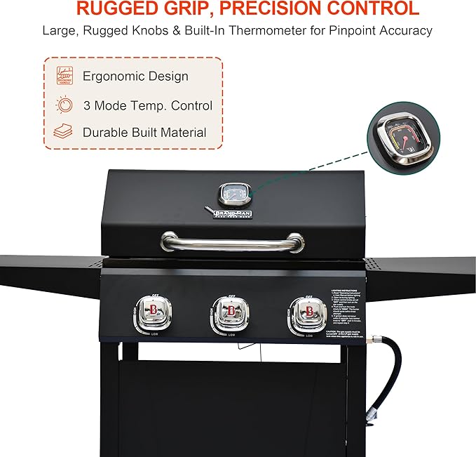 Brand-Man 3-Burner Propane Gas Grill, 27,000 BTU BBQ Grill with Porcelain-Enameled Grates, Built-In Thermometer, Side Shelves, Heavy-Duty Wheels – Outdoor Grill for Patio, Backyard & Garden