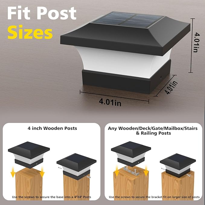 T-SUN Solar Post Lights, Waterproof Outdoor Solar Post Cap Lights for 4X4 Wooden Posts, 6000K Cool White LED Lighting, Deck, Patio, Garden Decor, Fence(2 Pack)
