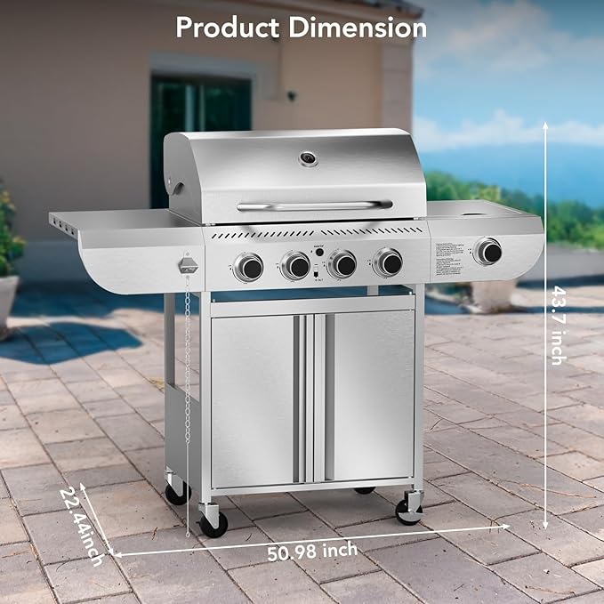 G41 Pro BBQ Grill,Heavy-Duty Stainless Steel Gas Grill, 4 Burner Gas Grill with Side Burner,42000 BTU Propane Grill for Outdoor Cooking,Barbecue,Garden and Patio Backyard