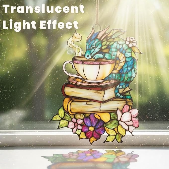 Book Tea Christmas Ornament Floral Teacup Bookish Acrylic Suncatcher Stained Glass Effect Window Hanging for Book Lover Reading Nook Decor Gift for Librarian Readers