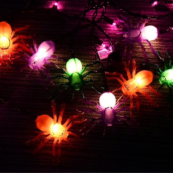 Spider String Lights, 7FT Halloween Spider Decorations Light with 10pc Colorful Spiders, 25 Mini Purple Lights, Halloween Theme Lights for House Decoration, Window Porch Outdoor Indoor Party Decor
