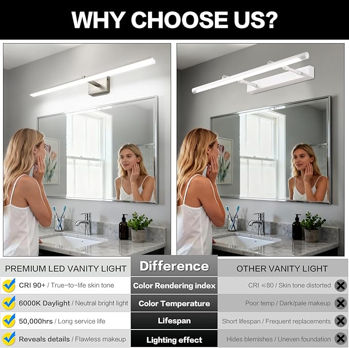 ZUZITO 40 Inch Bathroom Vanity Lights Over Mirror Brushed Nickel Arm Over Cabinet Wide LED Bar 5CCT 2900K 6000K High Lumen IP44