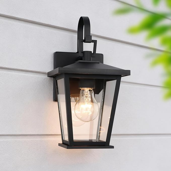 Kalium Outdoor Light Fixtures Wall Mount, Waterproof Exterior Wall Lanterns with Glass, Matte Black, Outside Wall Sconces, Front Porch Lighting for House Garage Doorway Patio 12.5 in