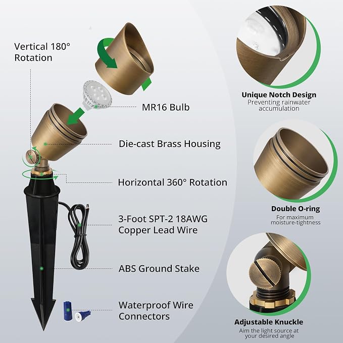GKOLED Solid Brass Low Voltage Compact Spotlight, 12V AC/DC Waterproof Outdoor Landscape Spot Lights for House Trees Garden Yard Lawn, Up Light with 5W 2700K MR16 Bulb, Stake Included, 12 Pack