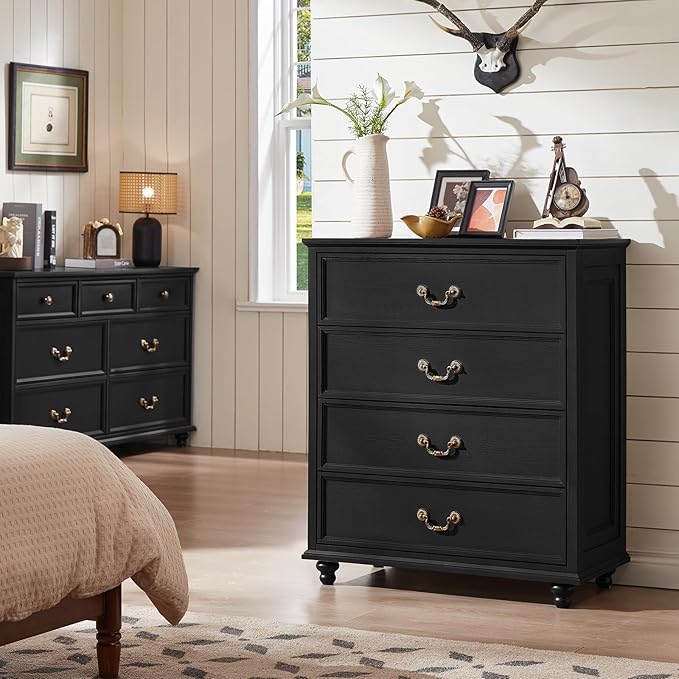 Farmhouse 4 Drawer Dresser Set of 2 for Bedroom, 37" Tall Rustic Chests of Drawers w/ 4 Solid Wood Feet, Mid Century Vintage Wooden Closet Storage Dressers Organizer for Living Room, Black