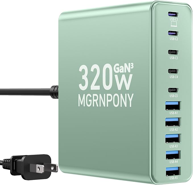 320W USB C Charger Block, 10-Port USB C Charging Station GaN III PD 65W PC Laptop Fast Charger Adapter for MacBook Pro/Air, DELL, iPad, iPhone, Samsung Galaxy (Green)