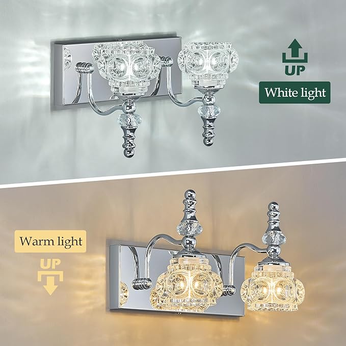 Modern Glass Crystal Vanity Light - Vintage Bathroom Lighting Fixtures Over Mirror, 2 Light Vanity Lights G9 Bulb (11.81 Inch, Chrome)